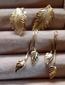 Pre Owned LOT 2 PAIR 14k Gold LEAF Earrings PLUS Green Stone .O9g NOT SCRAP - Picture 1 of 5