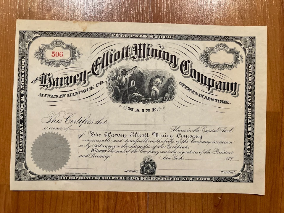 Certificado de stock de Harvey Elliott Mining Co. Maine de la década de 1880 Foto 1 de 1