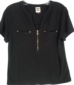 Anne Klein-Womens Pullover 1/4 Zip Casual Top/Shirt-Small-Black-Short Sleeve - Picture 1 of 5