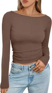Women'S Boat Neck Tops Long Sleeve Shirts Casual Fitted Tee Shirts Solid Color F - Picture 1 of 12