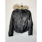 A.L.C. Womens Leather Fur Trimmed Hooded Zip Up Moto Jacket Black Size 2 Euc