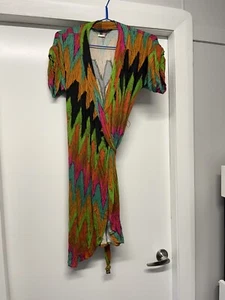 Charlie Brown Size 14 Wrap Dress Stretchy Viscose Spandex Multicoloured Zig Zag - Picture 1 of 5