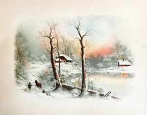 Winter Scene Farm Pond Horse pulling Log by J Hoover - Picture 1 of 1