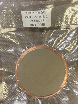 SnS2 sputter target, 99.9%, 3" Dx 0.125" thick, bonded to AJA style BP, cracks - Image 1 of 2