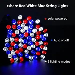 Red White Blue Solar Lights 4th Of July Lights Waterproof Outdoor 39.4ft 8 Modes - Picture 1 of 7