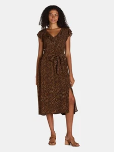 Time & Tru Midi Dress Women XS Brown Leopard Print Pockets V-Neck Missing strap - Picture 1 of 4