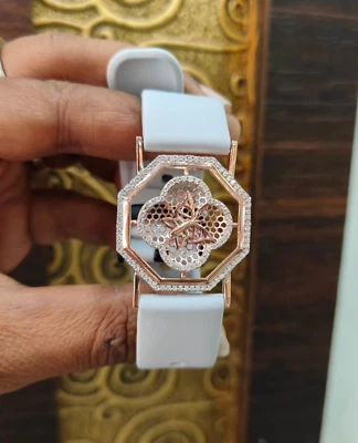 White Rubber Belt Octagone Shape Butterfly 925 Silver CZ Watch Bracelet for Her - Image 1 of 3