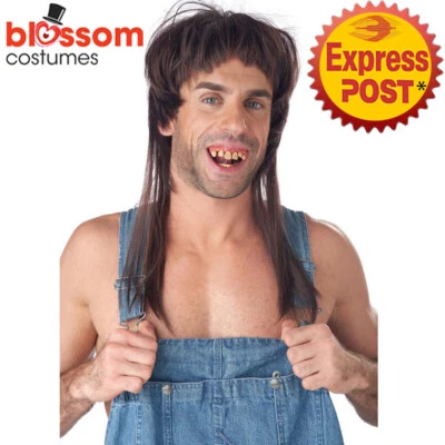 W737 Hillbilly Heartthrob Adult Costume Hair Wig Mullet Fake Teeth Bogan Redneck - Image 1 of 3