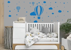 Clouds Stars Hot Air Balloon Nursery Wall Art Stickers Baby Childrens Bedroom - Foto 1 di 13