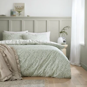 Bianca Scallop Floral 200TC 100% Cotton Reversible Duvet Cover Bedding Set Green - Picture 1 of 32