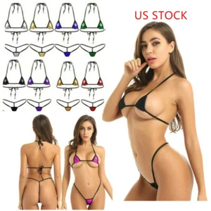 Womens Shiny Metallic Extreme Bikini Lingerie Set Swimsuit Halterneck Bra Micro - Picture 1 of 77
