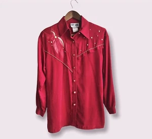 Vtg City Girl Sport Red Gold Embellished Shoulder Top Sz 4 Button Blouse 80s - Picture 1 of 9