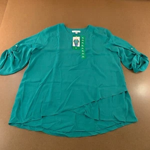 Fever Womens Size XL Porcelain Green Roll Tab Sleeve V Neck Layered Hem Top NWT - Picture 1 of 11