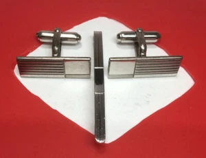 Vintage Sterling Silver Modernists Rectangle Cufflinks & Tie Bar Set - Picture 1 of 7