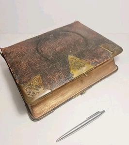 Antique Leather-Bound & Brass Mounted, Blue Lined, Illustrated The Holy Bible - Picture 1 of 24