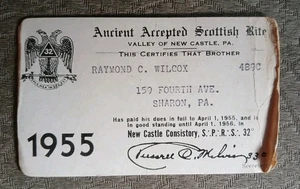 Membership Card Ancient Accepted Scottish Rite New Castle, Pennsylvania 1955 - Picture 1 of 3