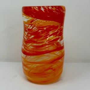 Glass Hand blown Vase W/ Red & Orange Swirl 6” Tall, 3” Top - Picture 1 of 4