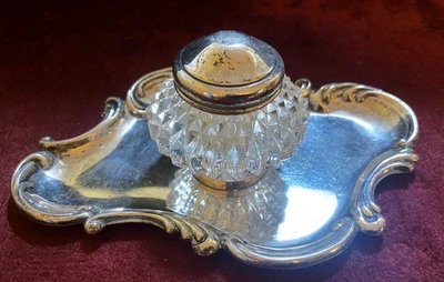 -W- Bandeja de Plata de Ley con Tinta de Cristal Pozo con Tapa de Ley 93 Gramos Foto 1 de 4