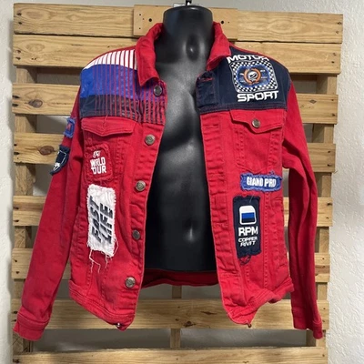 Copper Rivet Motor Sport Racing Red Denim Jacket Men's Size L Grand Prix KG - Image 1 of 4