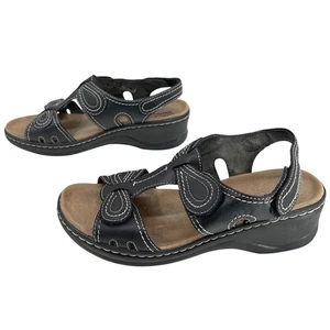 Clarks Lexi Walnut Sandals Womens 8.5 M Black Leather Wedge Casual Bow Stitching - Picture 1 of 7