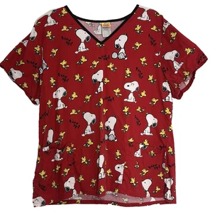 Exfoliante de madera Peanuts Snoopy Bird Up talla XL rojo bolsillos en el cuello en V veterinario médico - Imagen 1 de 6