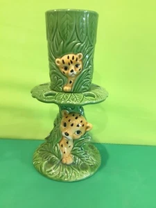Baby Leopard Safari Toothbrush Tooth Paste Holder Ceramic Vintage Japan Deco - Picture 1 of 9