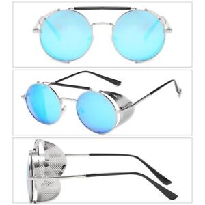 Retro Vintage Sunglasses Silver Blue Eyeglasses Perforated Side Shield Beach Haw