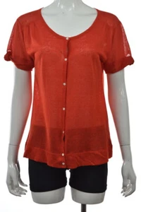 Theory Gina Glaze Women Sweater Size L Red Solid Cardigan Short Sleeve Linen Top - Picture 1 of 5