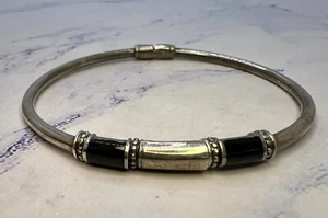 Vintage Taxco Mexico 925 Sterling Silver Black Onyx Inlay Bangle Bracelet - Picture 1 of 10
