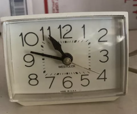 Vintage Alarm Clock Westclox Magnificent Beige Bedside Clock Made In US 3.5” W Cover