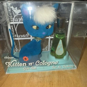 Vtg Delagar Perfume Gift Set Kitten n’ Cologne Flocked Blue Cat Figurine Kitschy - Picture 1 of 13