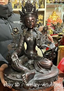 H 46cm Tibet Buddhism Pure Copper Green Tara Kwan-yin Guanyin Goddess Statue - Picture 1 of 15