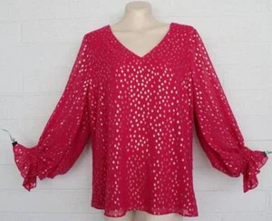 Vince Camuto Large Raspberry Gold Dot Flowy Ruffle Hem Sleeve Silky Top - Picture 1 of 5