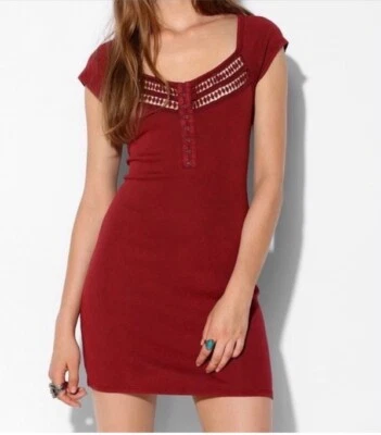 UO Ecote Dima Crochet Inset Bodycon Dress L Acid Wash Burgundy Red Biker Ribbed - Image 1 of 4
