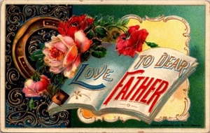 Antike Valentin Postkarte Liebe zum lieben Vater Hufeisen Rosen um 1910 - Bild 1 von 2
