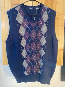 Vintage Izod Sweater Vest Men's XL Navy Argyle Knit 100% Cotton V Neck NEW A++ - Picture 1 of 7