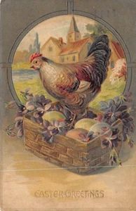 Alte AK: Ostergrüße, Henne und Eier, DB verschickt 1908 - Bild 1 von 2