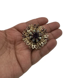 Vintage Coro lila Strass goldfarben Lagenlook Blume Brosche elegant floral Anstecknadel - Bild 1 von 8