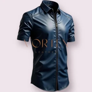 Herren Blau Leder Freizeithemd Echt Weich Lammleder Lederhemd Slim Fit - Bild 1 von 3