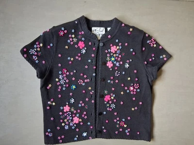 Cárdigan Suéter Vintage Michael Simon Manga Corta M Negro Flor Cuentas Lentejuelas Foto 1 de 4