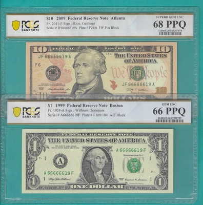 $1 and $10 2X Matching Serial Number SOLID 6s  66666619 PCGS Graded 66/68 - Image 1 of 2