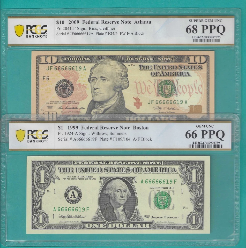 $1 and $10 2X Matching Serial Number SOLID 6s  66666619 PCGS Graded 66/68 - Image 1 of 2