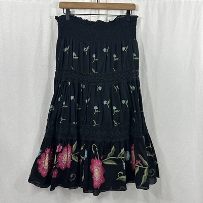 Harolds Vintage Black Floral Sequin Tiered Boho Hippie Midi Skirt Womens Size L - Image 1 of 4