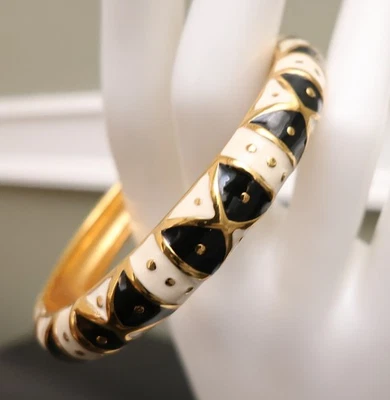 Joan Rivers Pulsera Pajaritas Esmalte Negro Marfil Firmado Tono Dorado Lunares Bisagras Foto 1 de 4