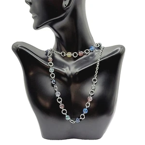 Crystal Multicolor Flat Ends Cut Glass Bead with Silver Tone Necklace Long 34 In - Picture 1 of 24
