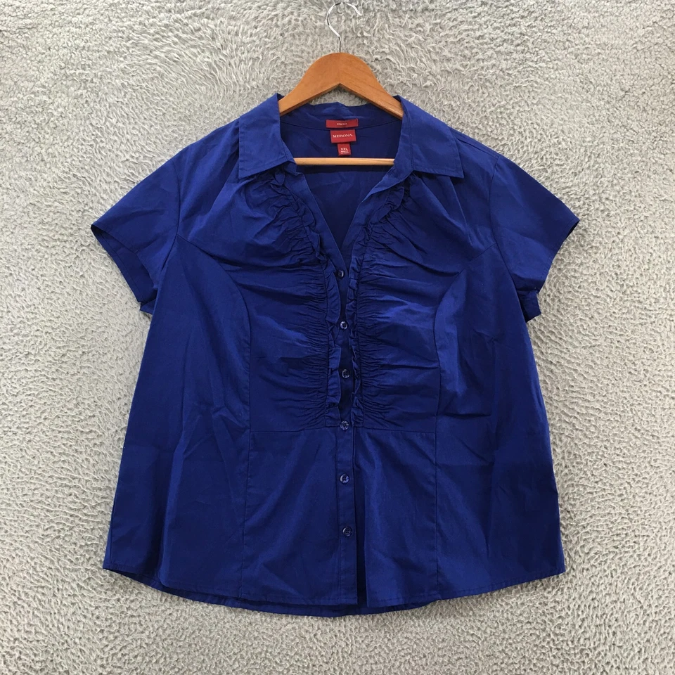 Blusa Top Merona Abotonada Mujer XXL Azul Mezcla Algodón Elastizada Plisada Frontal Foto 1 de 4