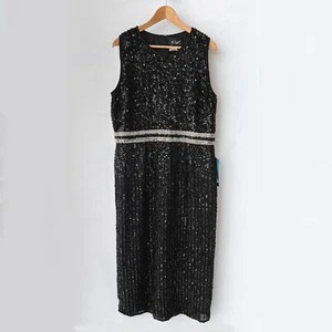 Mac Duggal NEW $298 Sleeveless High Neck Beaded Midi Sheath Black Dress : Sz 14 - Picture 1 of 11
