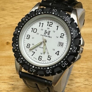 Calvin Hill Quartz Watch Men Silver Black Rotating Bezel Date Leather New Batter - Picture 1 of 6