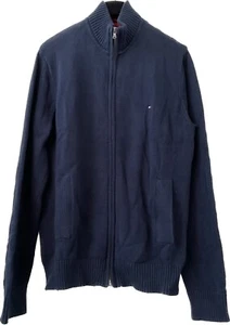 Tommy Hilfiger Men Navy Red Cotton Knitted Jumper Full Zip Pockets VGC Size L. - Picture 1 of 15