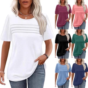 UK Women's Summer Tops Loose T-Shirt Ladies Casual Pleated Shirts Tee PLUS SIZE - Picture 1 of 39